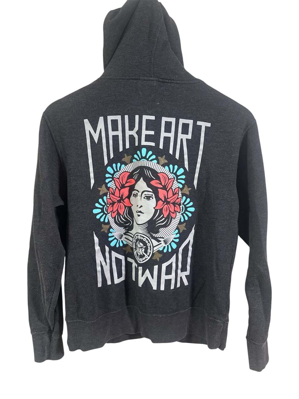 Obey Make Art Not War Graphic Full Zip Hooded Sweatshirt Charcoal Grey Medium